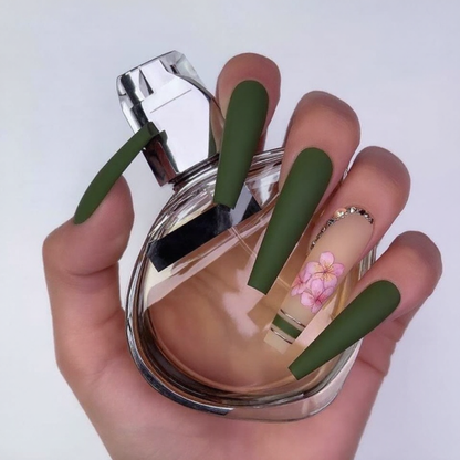 Green matte press on nails with cherry blossom flowers, luxury handmade fake nails