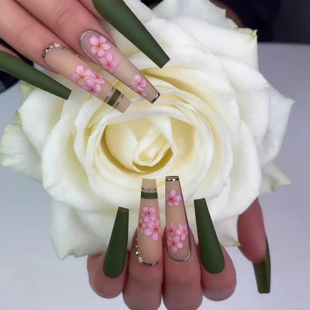 Handmade olive green coffin nails with pink floral design, reusable acrylic press on nails