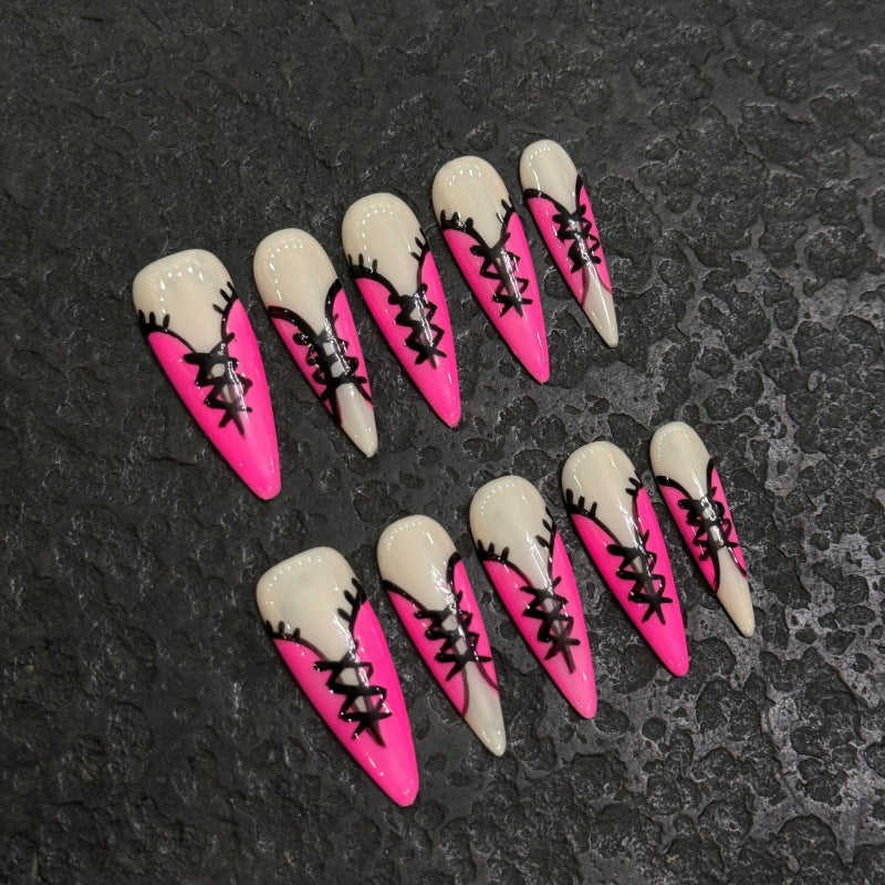 Hot Pink and Black Press On Nails with Bold Nail Art