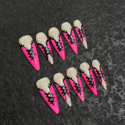 Hot Pink and Black Press On Nails with Bold Nail Art