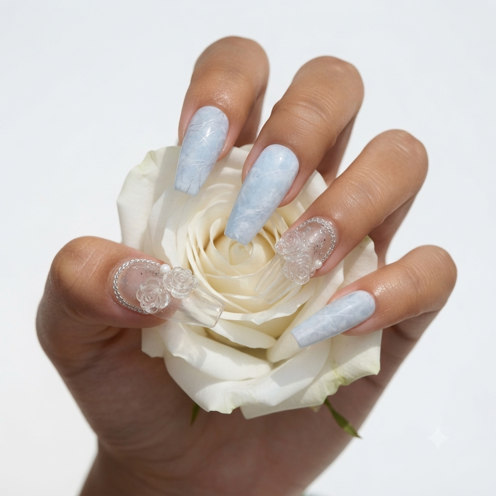 Icy Blue Glitter Press On Nails Holding White Rose