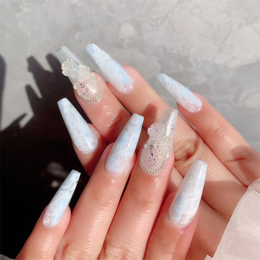 Icy Blue Glitter Press On Nails with White Ombre and Crystal Accents