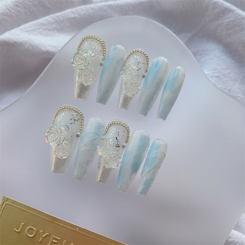Icy Blue White Glitter Press On Nail Set with Shimmer Finish