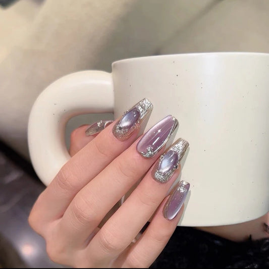 Lavender Purple Chrome Press On Nails with Silver Metallic 3D Details