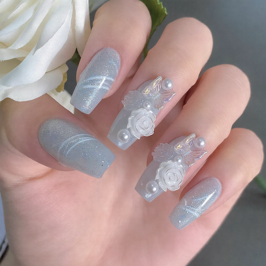 Luxury blue press on nails with 3D roses, butterflies and pearl accents