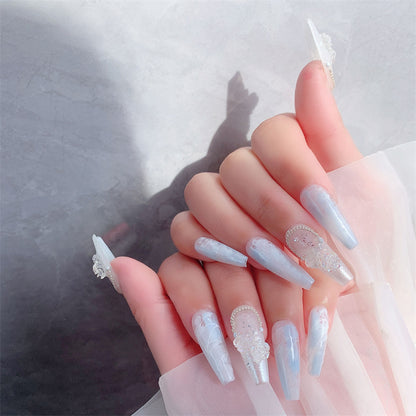 Long Icy Blue Coffin Press On Nails with White Glitter Ombre