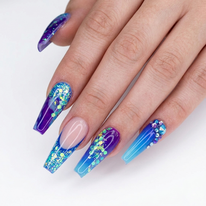 Long blue glitter press on nails with purple ombre and sparkling crystal details