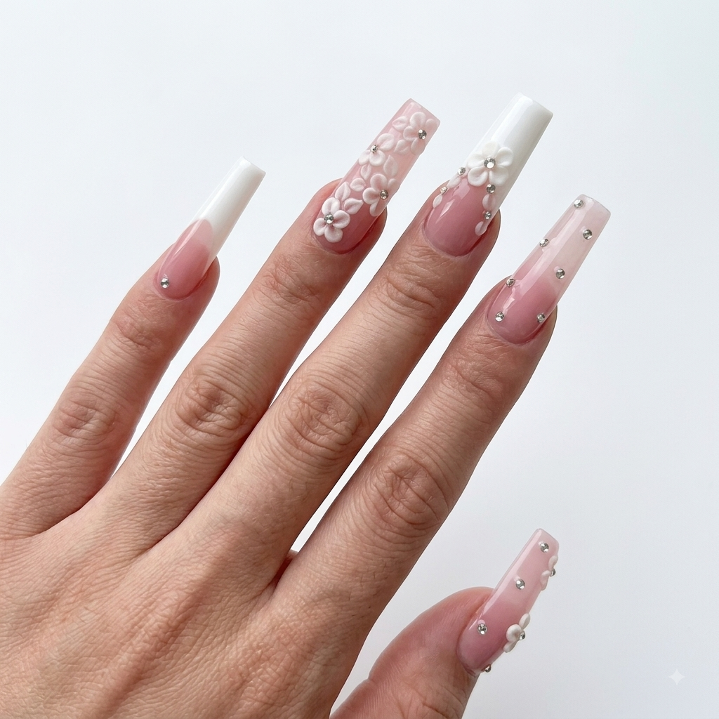 Long pink 3D flower press on nails with rhinestone crystal details