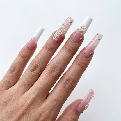 Long pink 3D flower press on nails with rhinestone crystal details