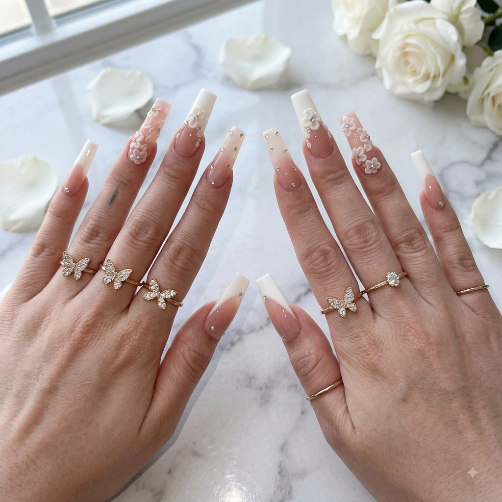 Long pink and white French press on nails with handmade 3D floral design