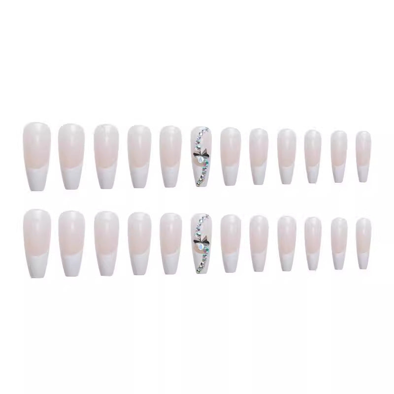 Long white French press on nails size options, luxury coffin fake nail set