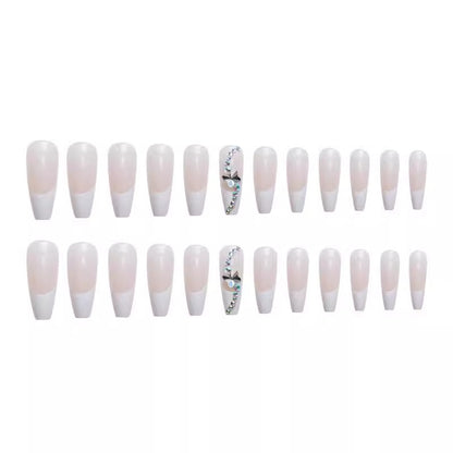 Long white French press on nails size options, luxury coffin fake nail set