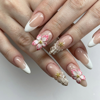 Luxury 3D floral press on nails with pink flowers and crystal details