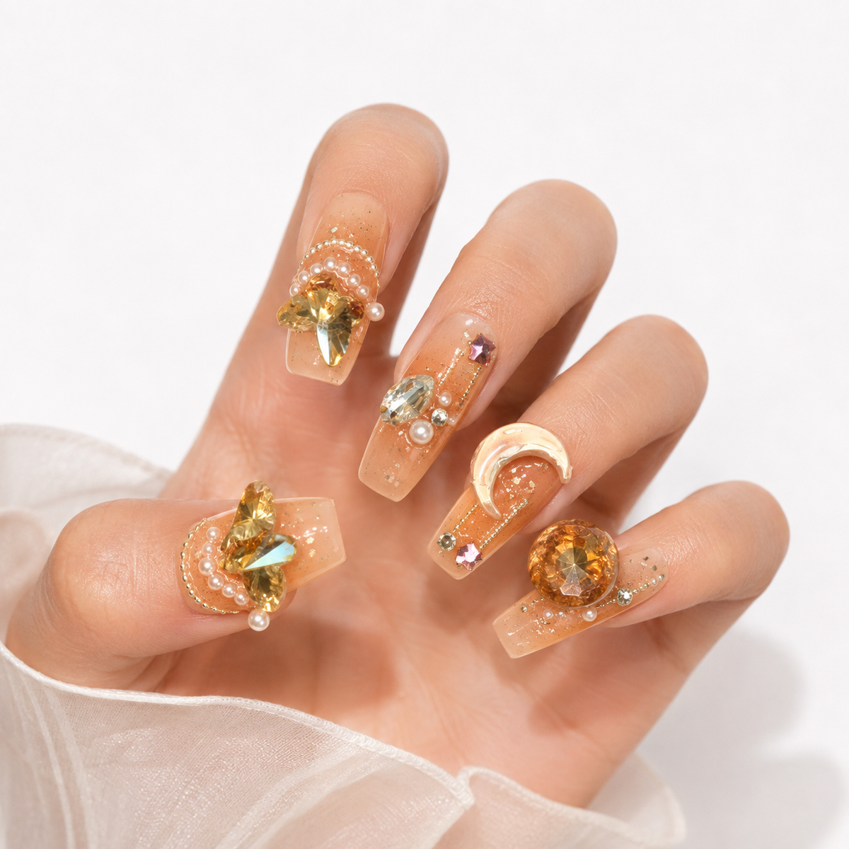 Luxury Amber Crystal Butterfly Press On Nails with 3D Charms