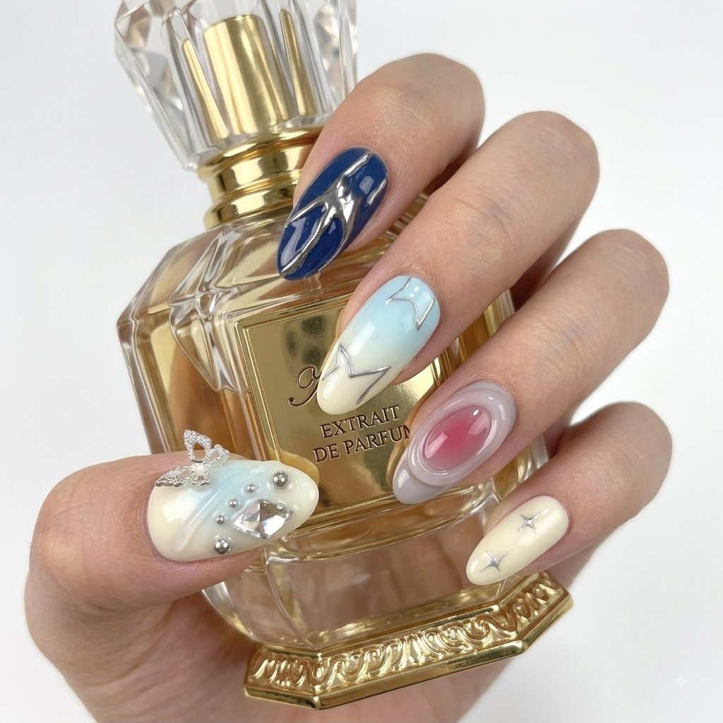 Luxury Blue Press On Nails with Butterfly and Crystal Charms