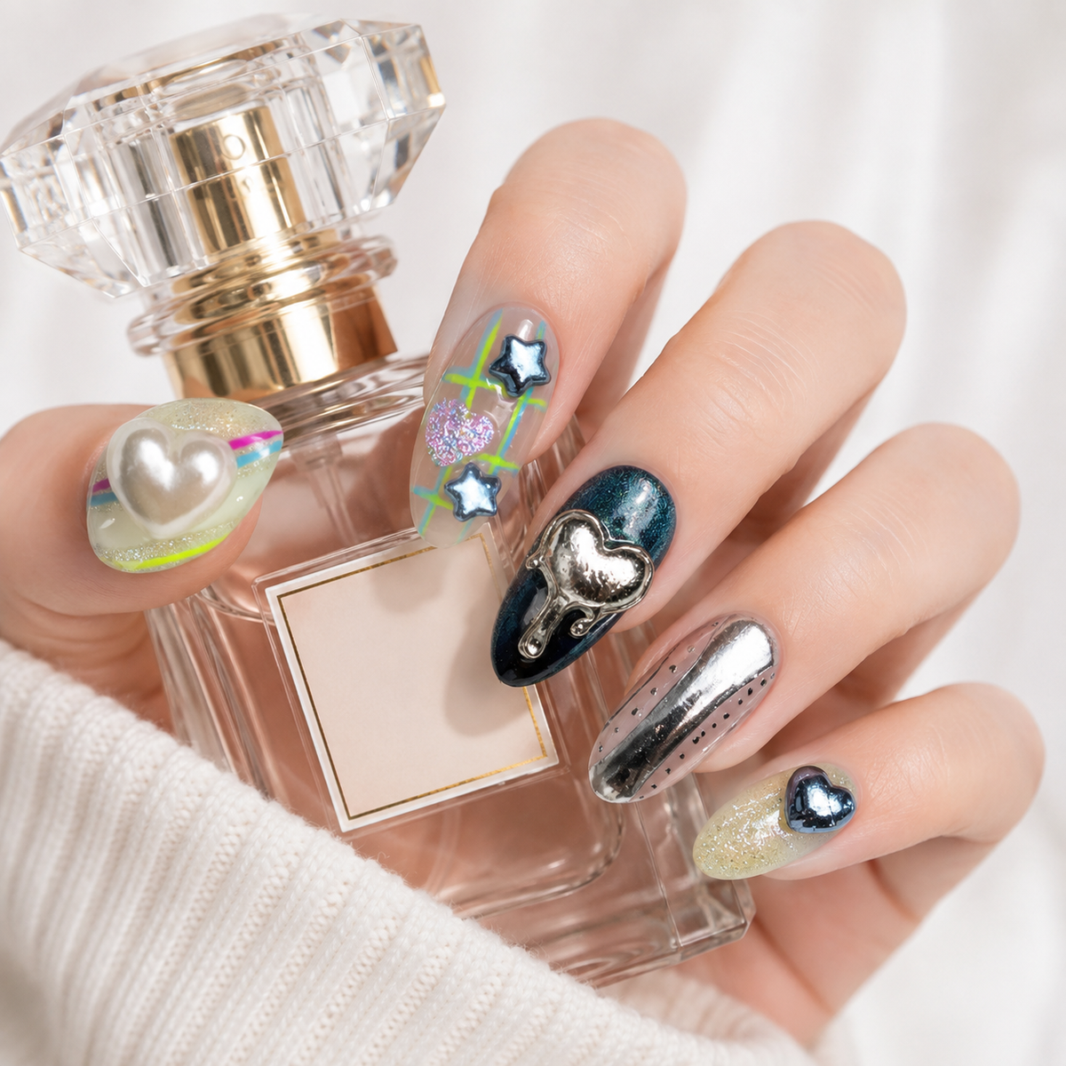 Luxury Galaxy Press On Nails – 3D Chrome Celestial Nail Set