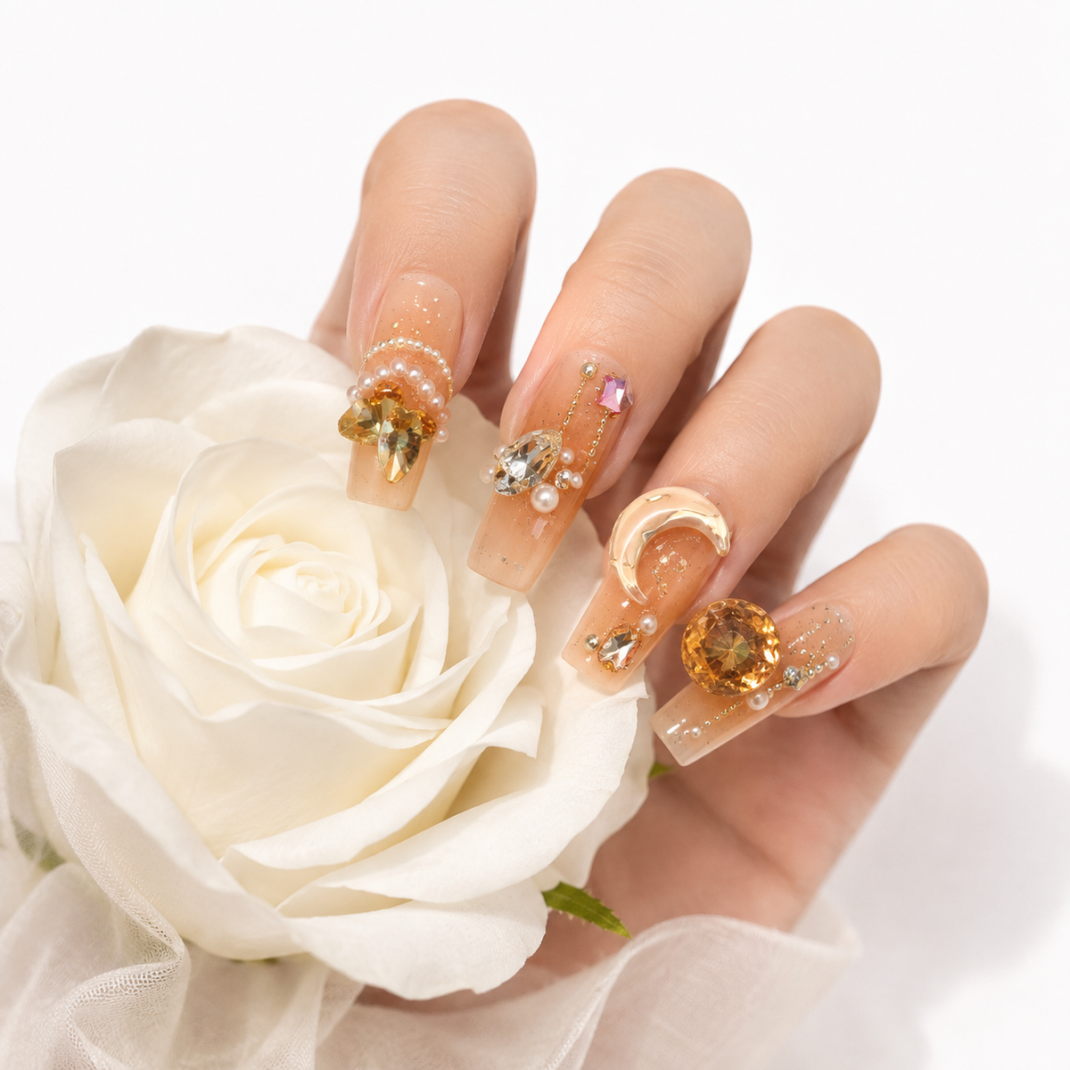 Luxury Gold Butterfly Press On Nails Holding White Rose