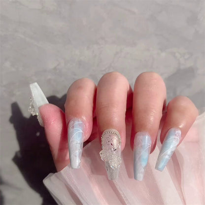 Luxury Icy Blue Long Coffin Press On Nails with Glitter Design