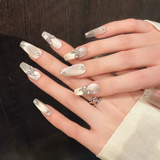 Luxury Pearl White Press On Nails with Silver Crystal Rhinestone Details