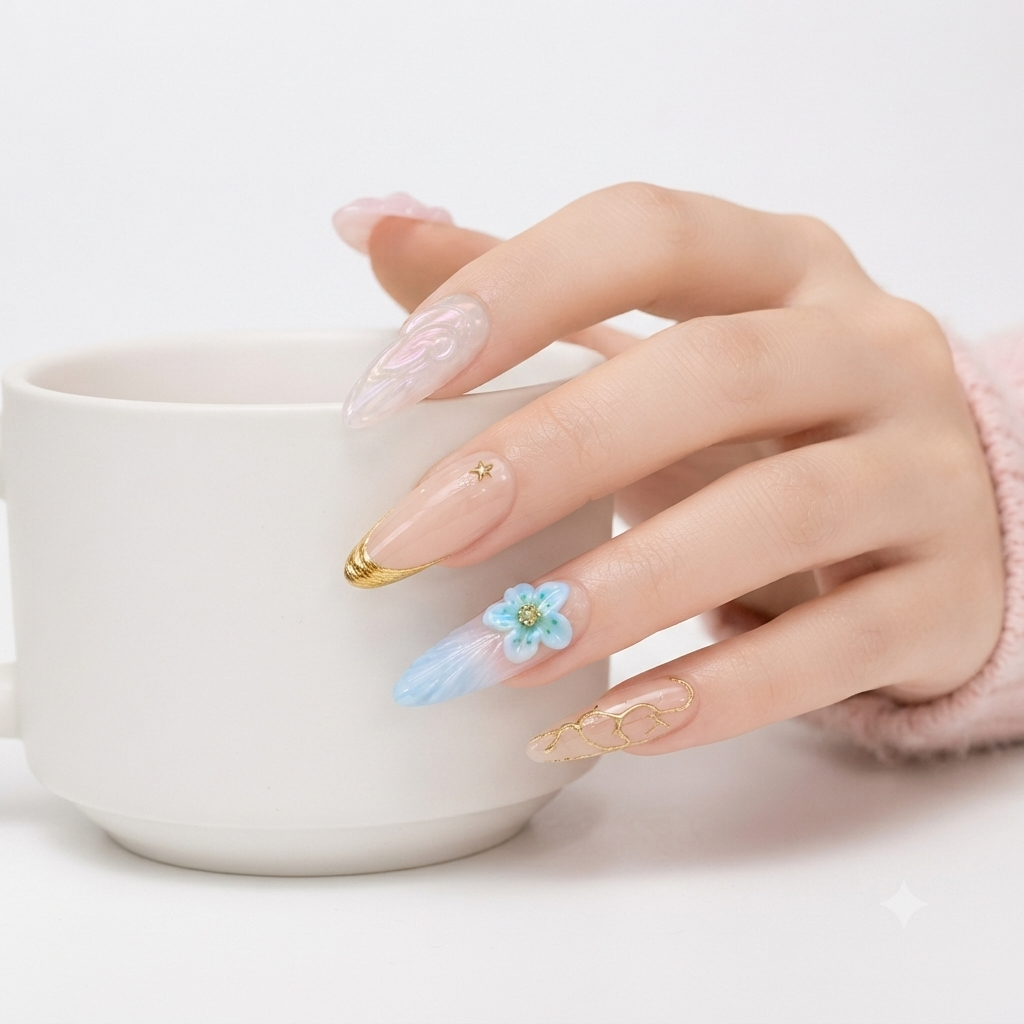 Luxury Pink Blue Floral Press On Nails
