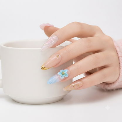 Luxury Pink Blue Floral Press On Nails