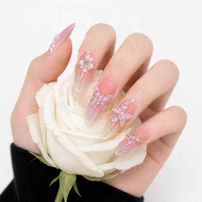 Luxury Pink Butterfly Press On Nails with Crystal Flowers and Glitter