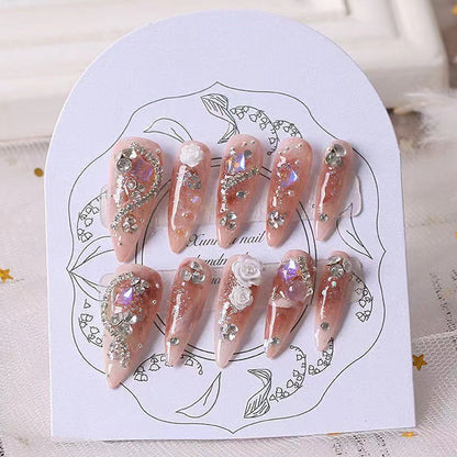 Luxury Pink Camellia Press On Nails | Handmade 3D Crystal Nail Set