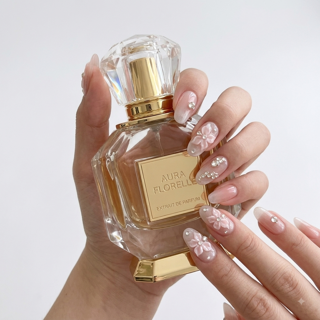 Luxury Pink Floral Press On Nails with Rhinestone Nail Art