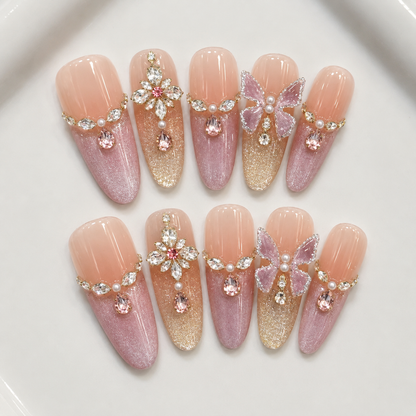 Luxury Pink Glitter Butterfly Press On Nails with Rhinestones and 3D Crystal Flowers