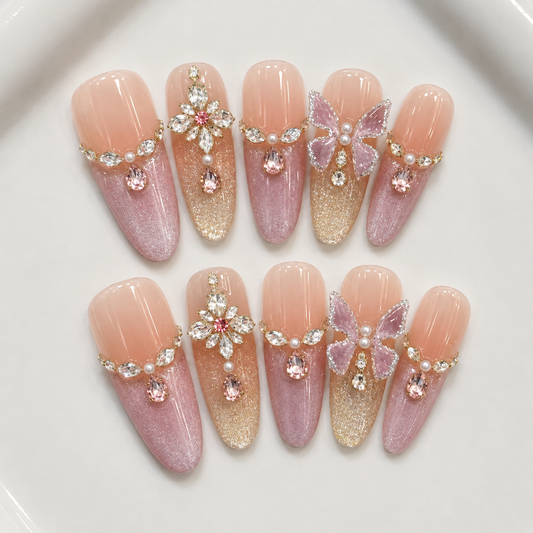 Luxury Pink Glitter Butterfly Press On Nails with Rhinestones and 3D Crystal Flowers