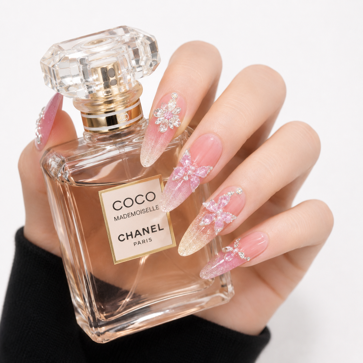 Luxury Pink Glitter Press On Nails with Crystal Butterfly and Floral Rhinestones