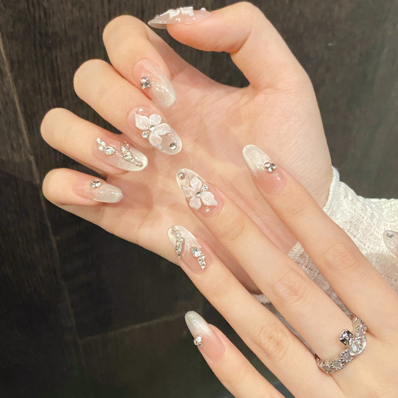 Luxury Pink Press On Nails with Flowers and Crystal Rhinestones