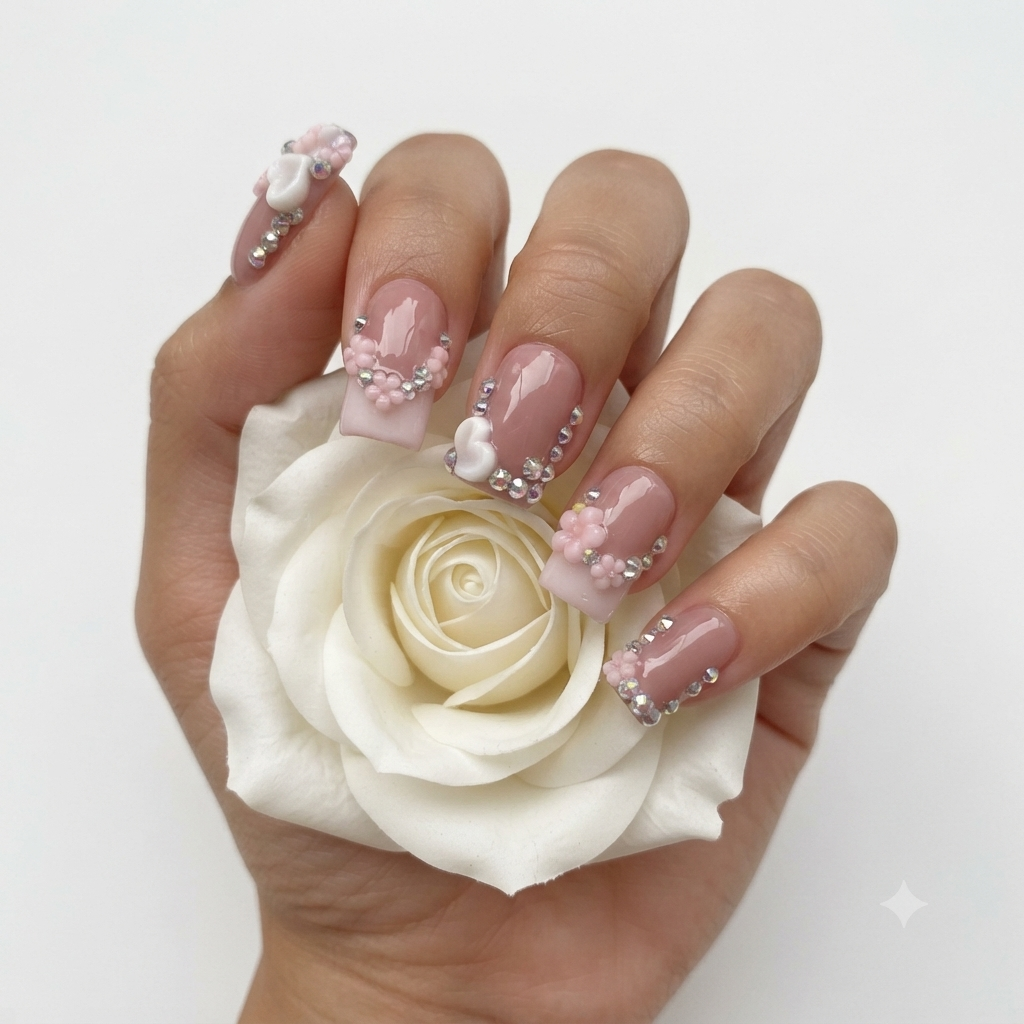Luxury Pink Rhinestone Press On Nails with White Heart and Flower Details