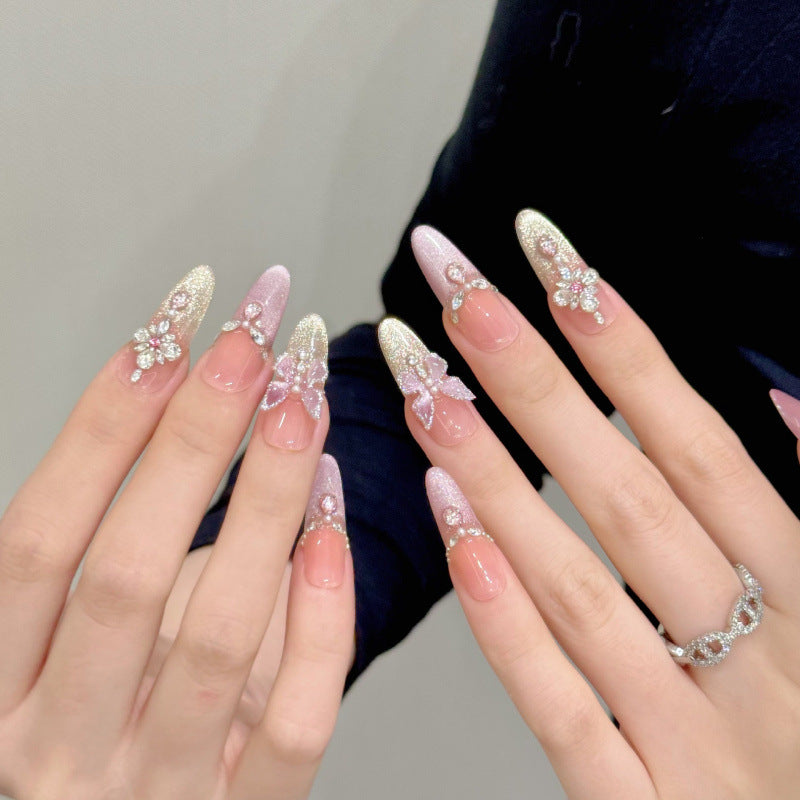 Luxury Pink and Gold Glitter Press On Nails with Rhinestone Butterfly Design