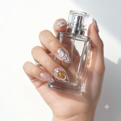 Luxury Silver 3D Press On Nails with Chrome Charms and Crystal Details