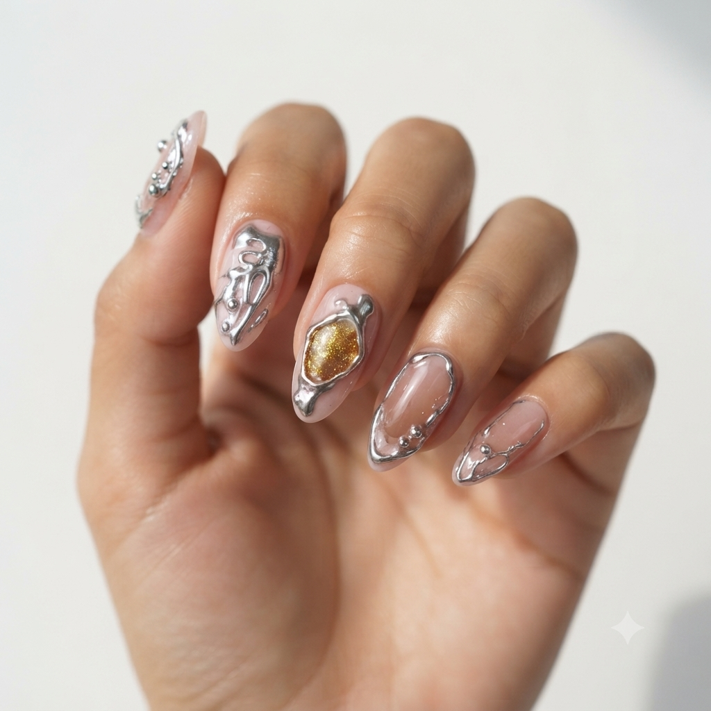 Luxury Silver Chrome 3D Press On Nails with Crystal and Metallic Charms