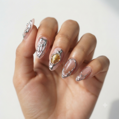 Luxury Silver Chrome 3D Press On Nails with Crystal and Metallic Charms
