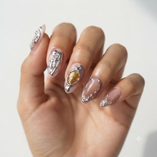 Luxury Silver Chrome 3D Press On Nails with Crystal and Metallic Charms