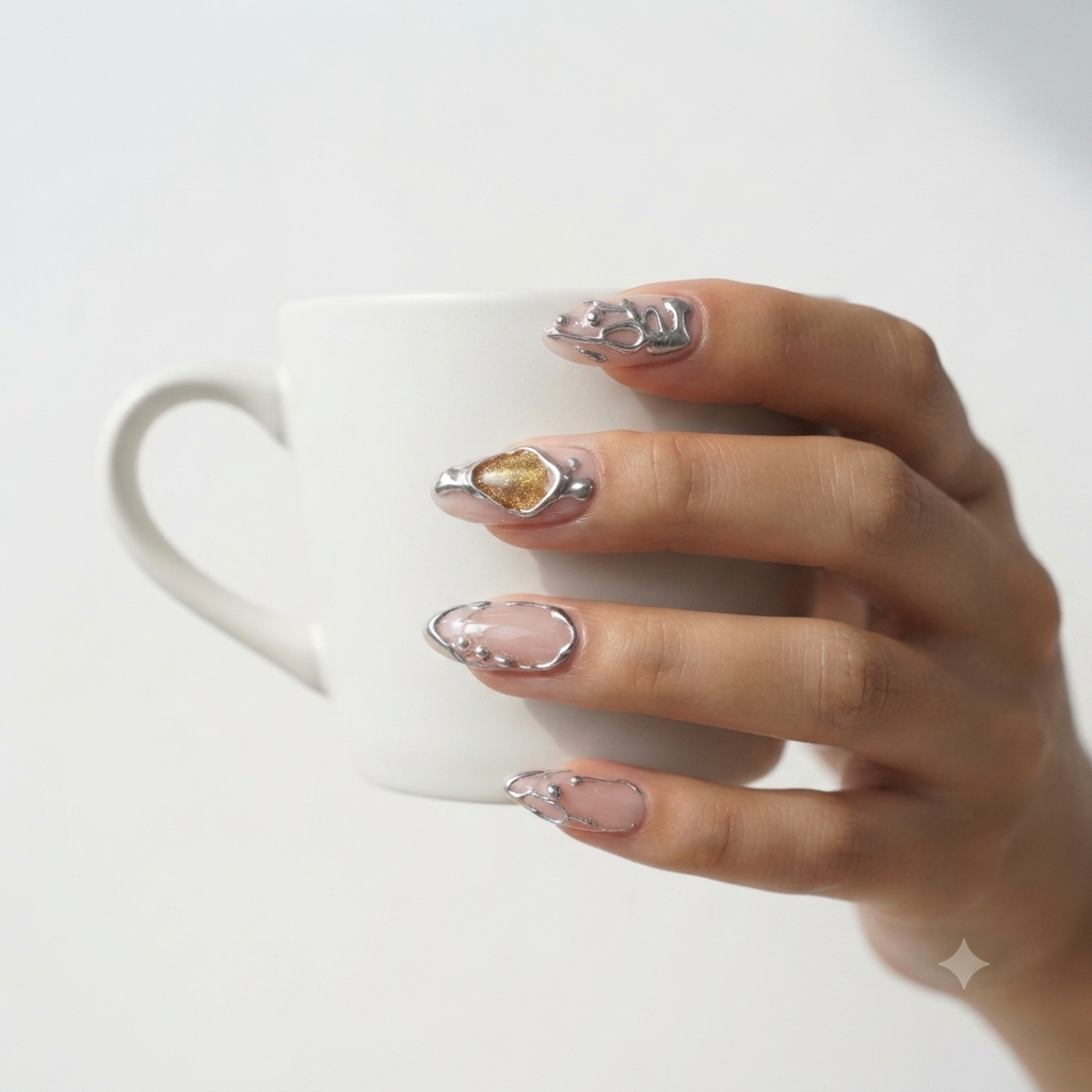 Luxury Silver Chrome Press On Nails Holding White Coffee Cup