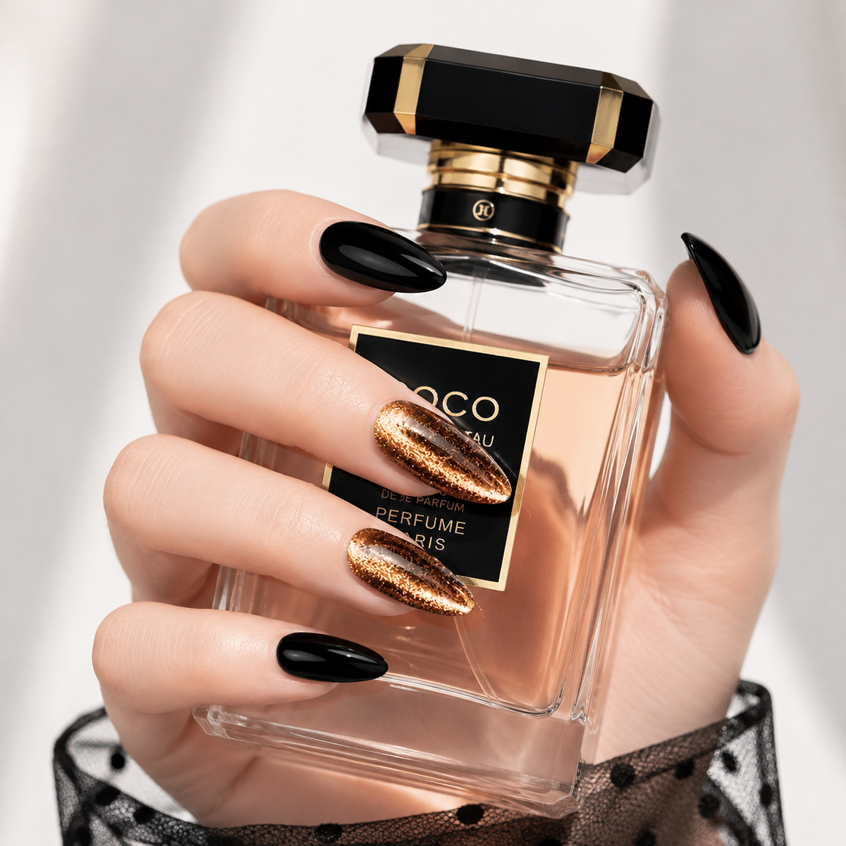 Luxury black and gold chrome press on nails holding a premium perfume bottle, handmade glossy almond fake nails with mirror metallic finish.