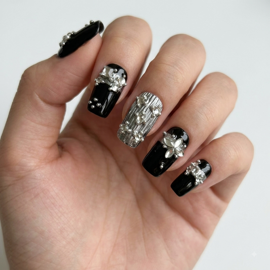Luxury black and silver press on nails with crystal rhinestone details