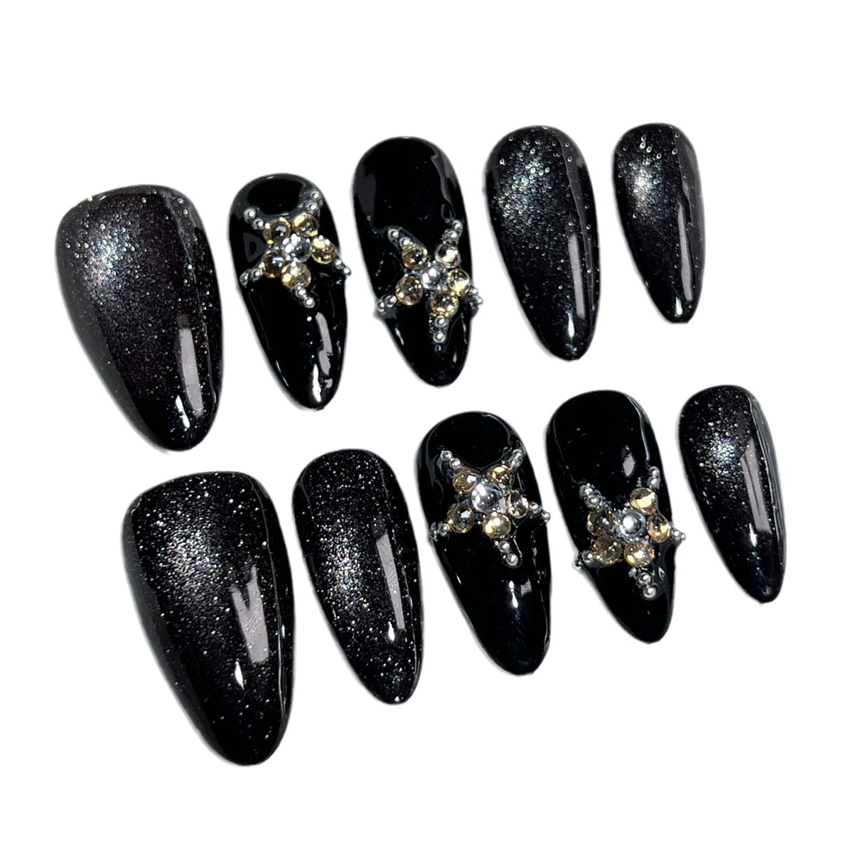 Luxury black crystal press on nails with glitter finish, handmade almond fake nails featuring sparkling rhinestone accents and reusable salon-quality design.