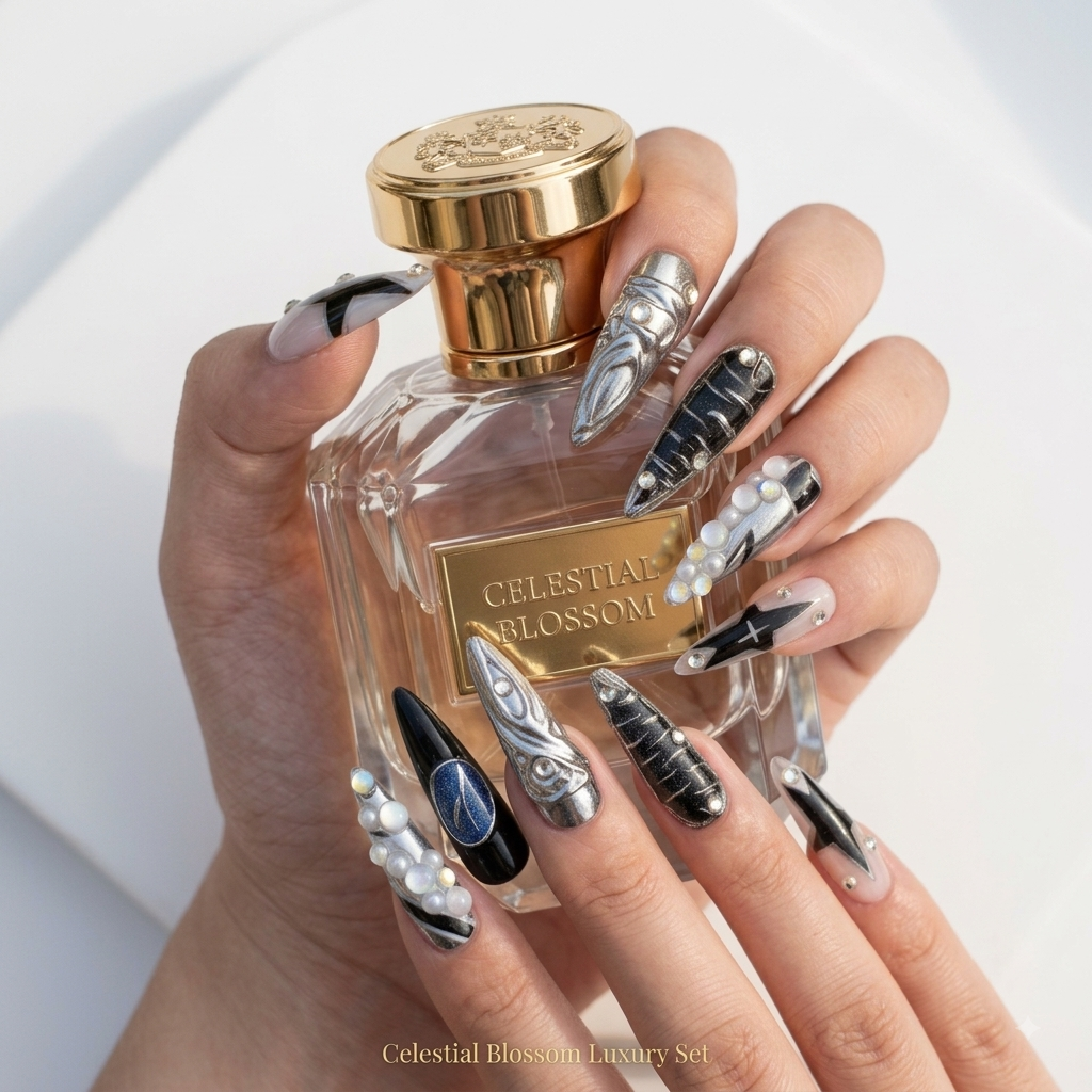 Luxury black silver press on nails with chrome and blue crystal accents