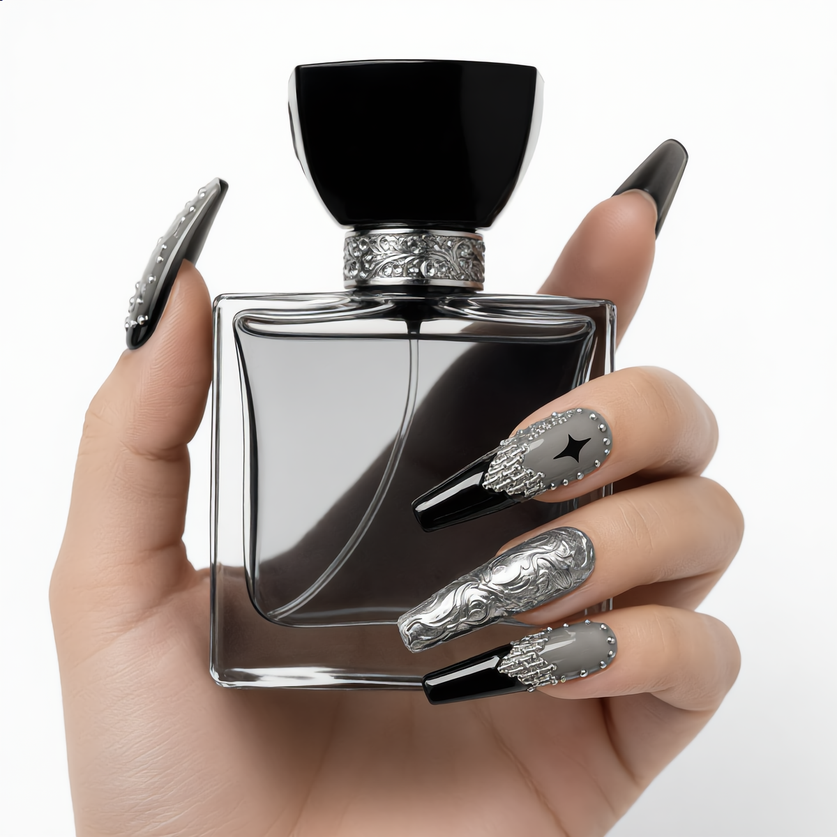 Luxury black silver press on nails with chrome details and rhinestones