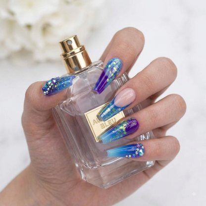 Luxury blue purple glitter press on nails with rhinestone accents