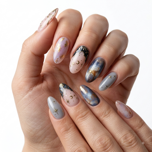 Luxury cat eye press on nails with celestial moon and gold star design