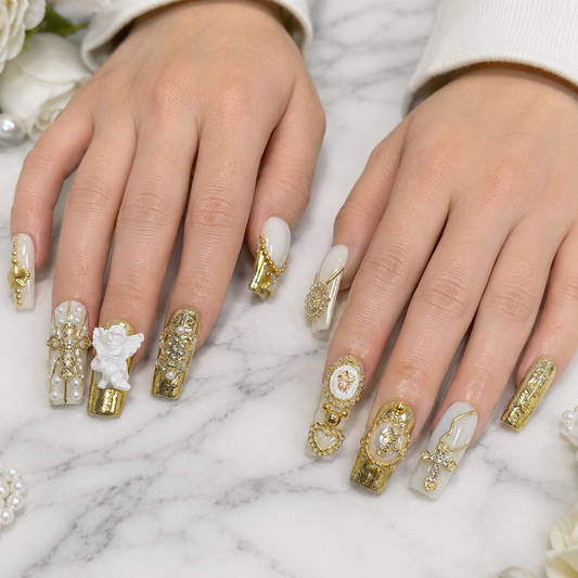 Luxury gold 3D press on nails with angel charms pearls and crystal details