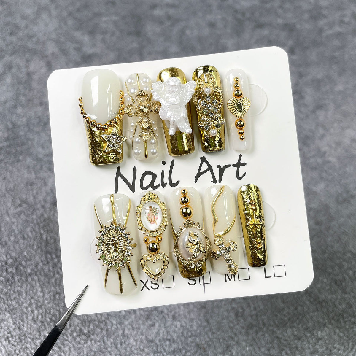 Luxury gold and white 3D angel press on nail art set