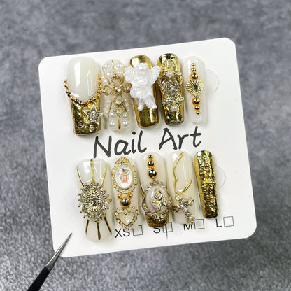 Luxury gold and white 3D angel press on nail art set