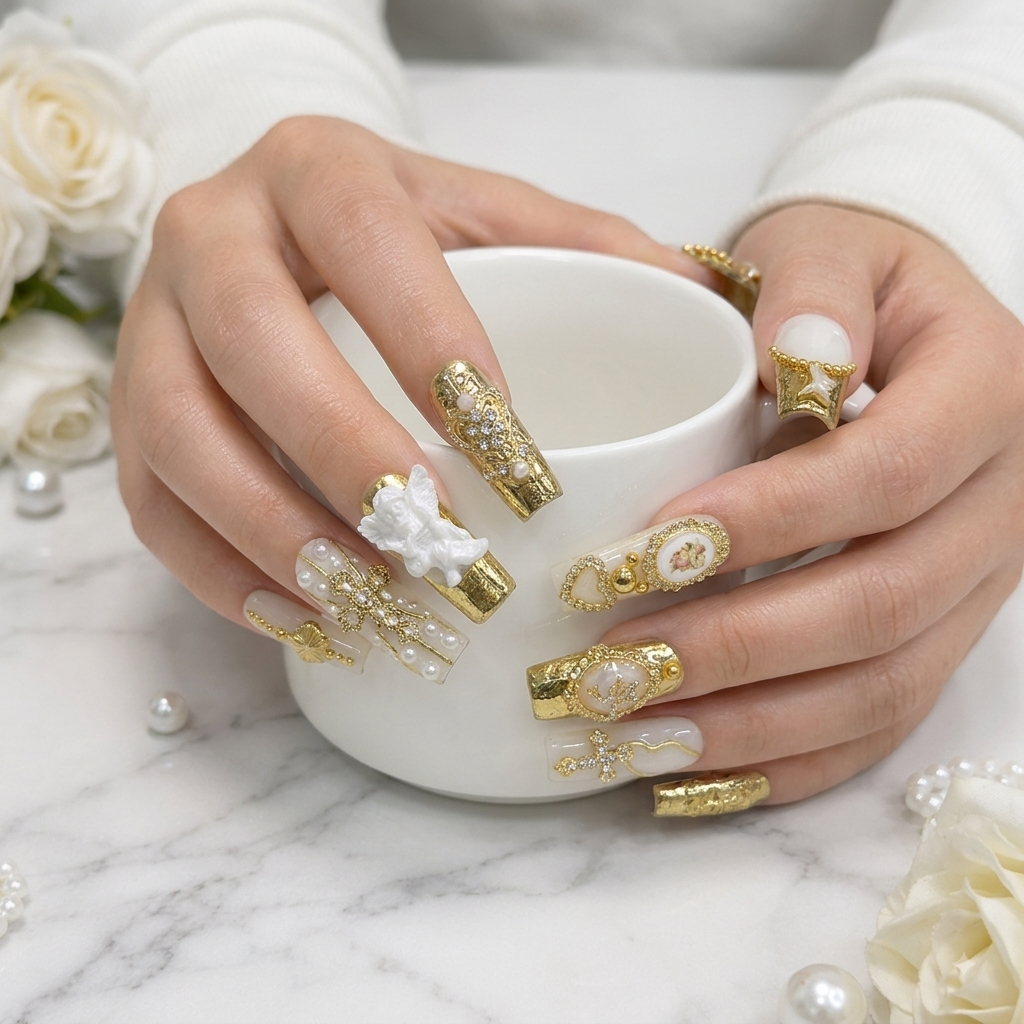 Luxury gold press on nails with 3D charms holding a white coffee cup